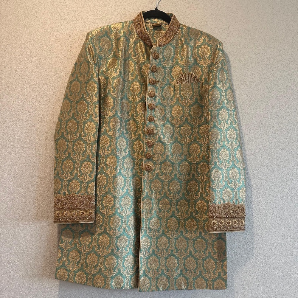 Elegant Green and Gold Brocade Indian Sherwani